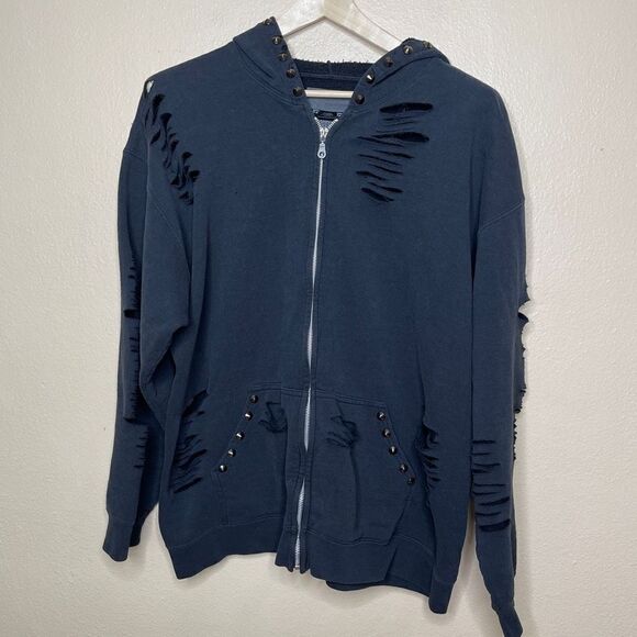CARMAR Los Angeles Sweatshirt Womens Medium Black Distressed STUD HOOD full zip - Picture 1 of 11